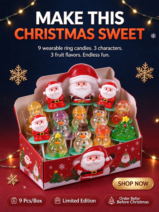 Christmas Ring Candy — Wearable 3D Santa & Snowman Lollipops (9 Pcs Gift Box)