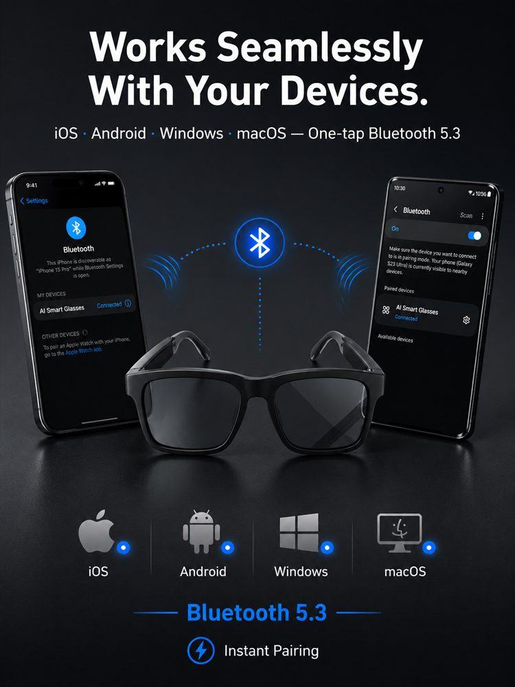 AI Smart Bluetooth Glasses – Real-Time Translation (150+ Languages), Photochromic Lenses & Open-Ear Audio
