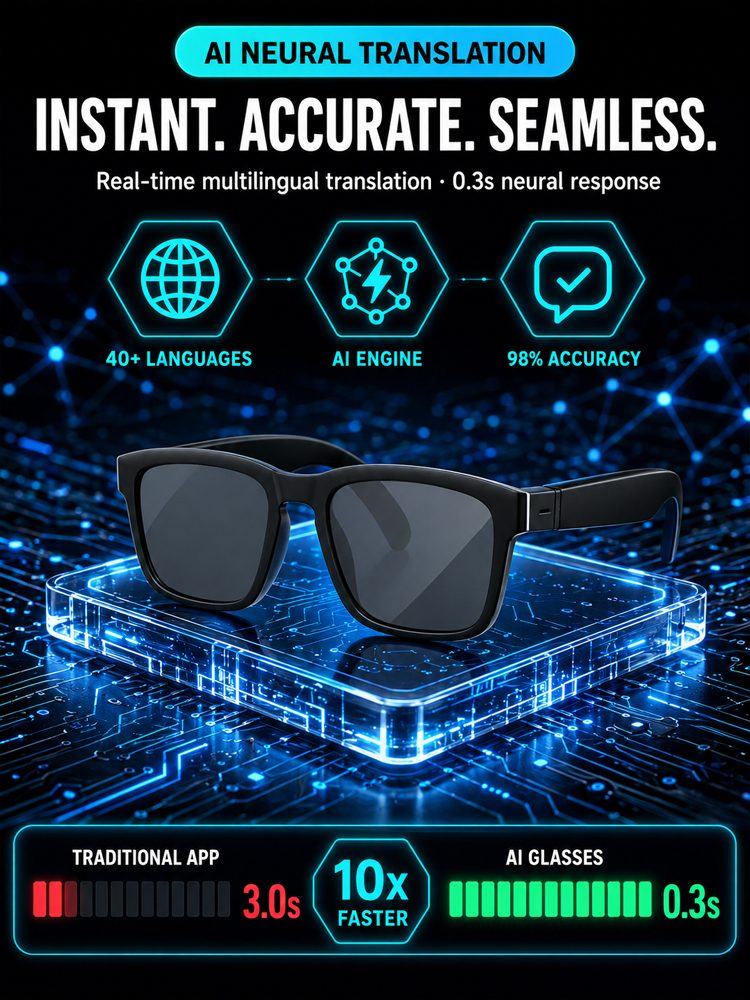 AI Smart Bluetooth Glasses – Real-Time Translation (150+ Languages), Photochromic Lenses & Open-Ear Audio