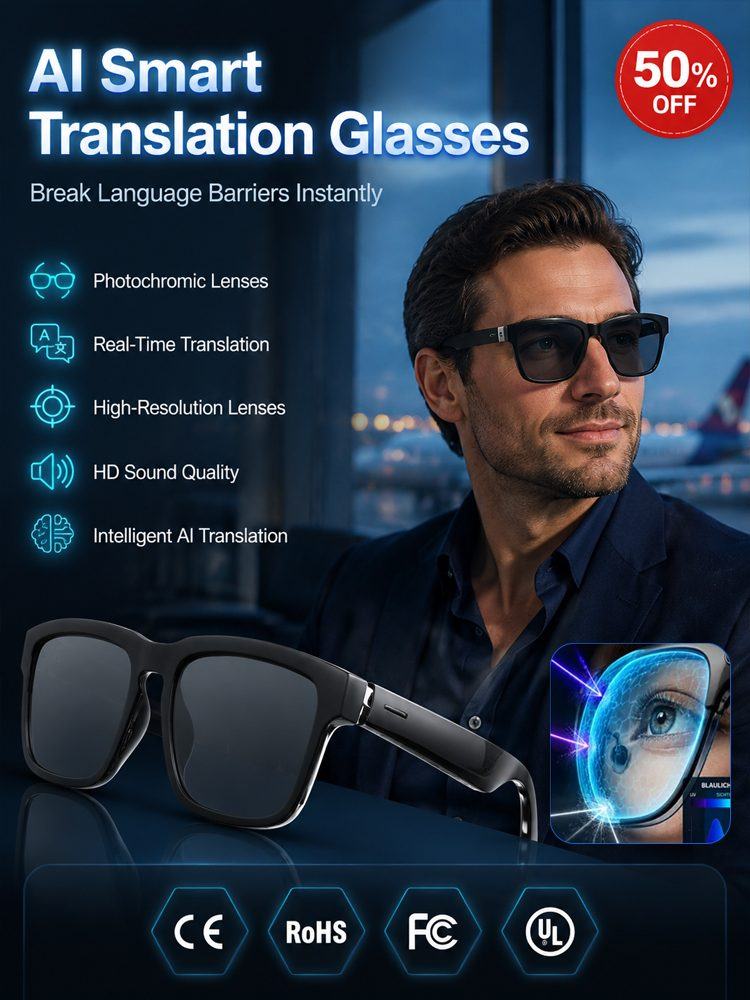 AI Smart Bluetooth Glasses – Real-Time Translation (150+ Languages), Photochromic Lenses & Open-Ear Audio
