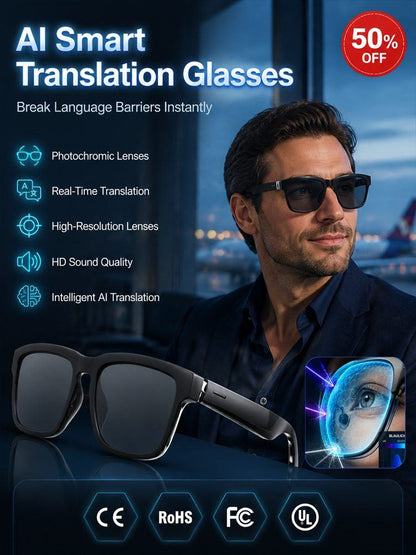 AI Smart Bluetooth Glasses – Real-Time Translation (150+ Languages), Photochromic Lenses & Open-Ear Audio
