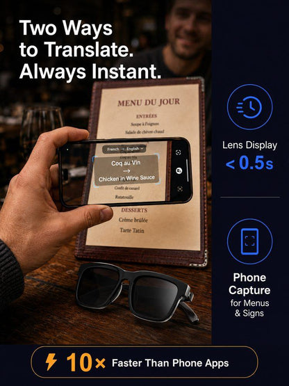 AI Smart Bluetooth Glasses – Real-Time Translation (150+ Languages), Photochromic Lenses & Open-Ear Audio