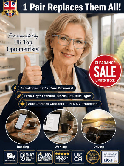 Photochromic Progressive Multifocal Reading Glasses – Ultra-Light 8.5g Titanium, 95% Blue Light Blocking, UV400
