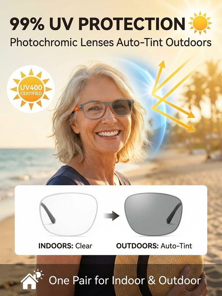 Photochromic Progressive Multifocal Reading Glasses – Ultra-Light 8.5g Titanium, 95% Blue Light Blocking, UV400