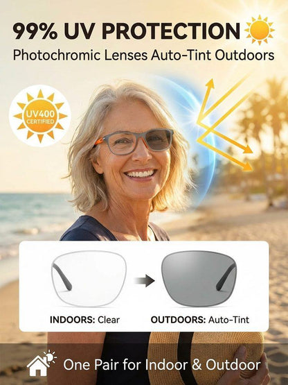 Photochromic Progressive Multifocal Reading Glasses – Ultra-Light 8.5g Titanium, 95% Blue Light Blocking, UV400