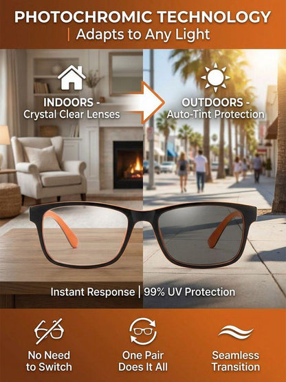 Photochromic Progressive Multifocal Reading Glasses – Ultra-Light 8.5g Titanium, 95% Blue Light Blocking, UV400