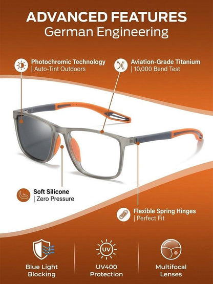 Photochromic Progressive Multifocal Reading Glasses – Ultra-Light 8.5g Titanium, 95% Blue Light Blocking, UV400