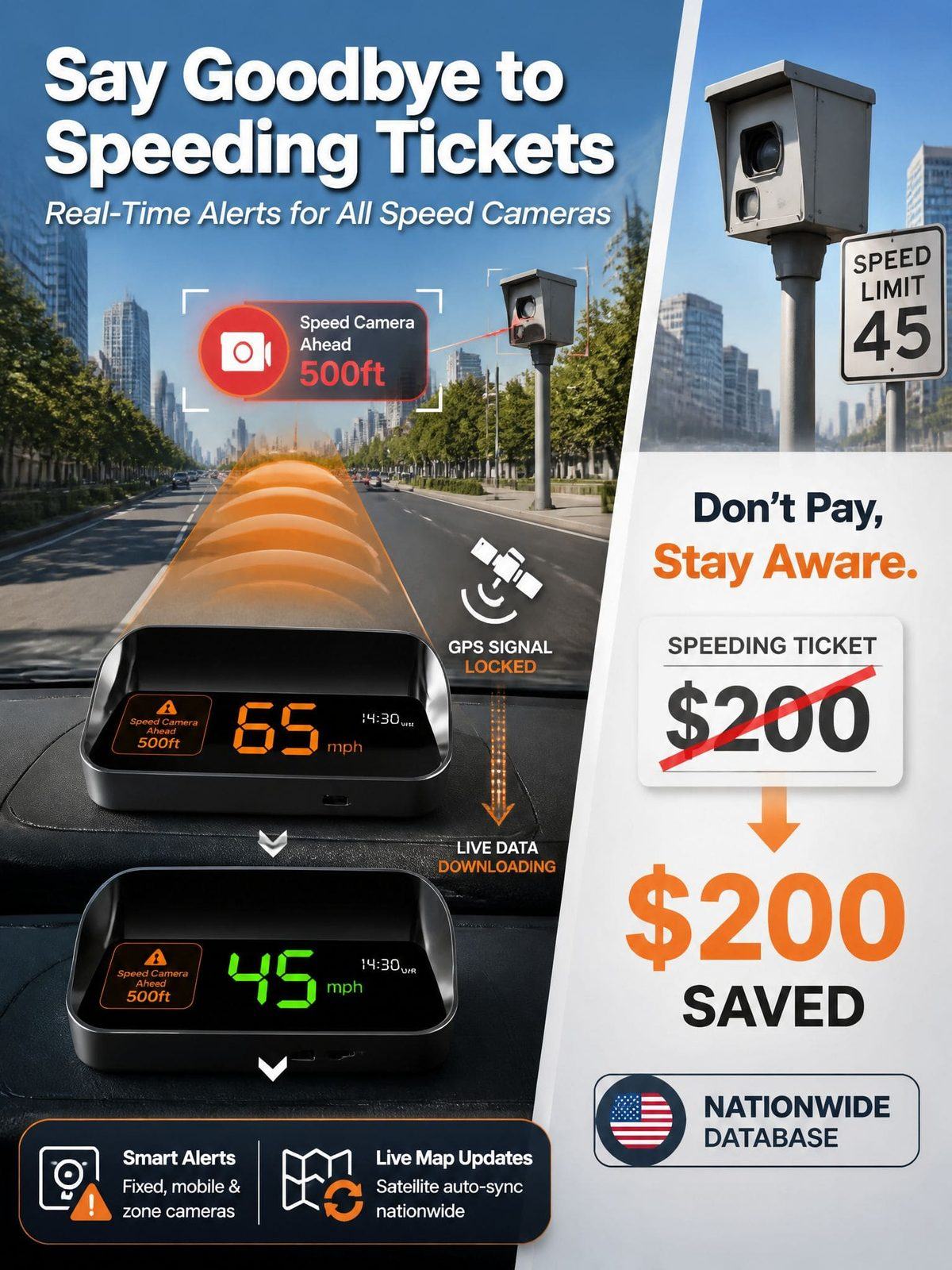 Car HUD GPS Digital Speedometer – Head-Up Display with Smart Navigation, Speed Camera & Hazard Alerts