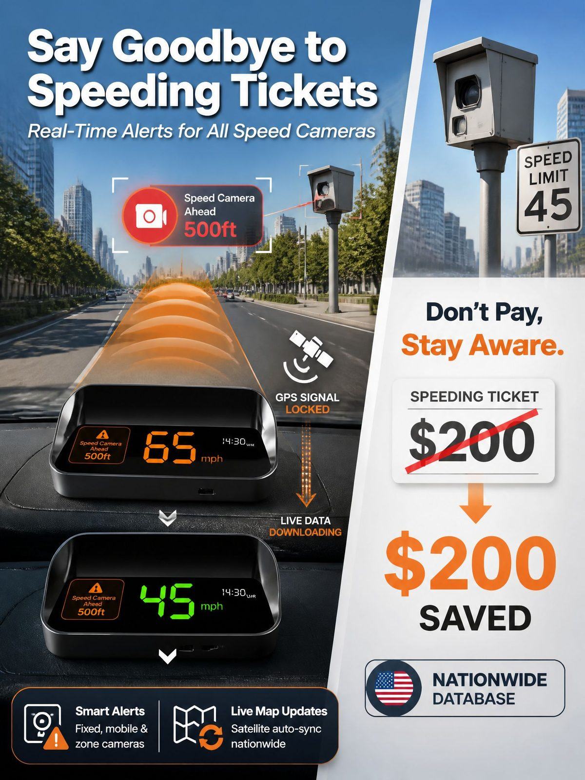 Car HUD GPS Digital Speedometer – Head-Up Display with Smart Navigation, Speed Camera & Hazard Alerts