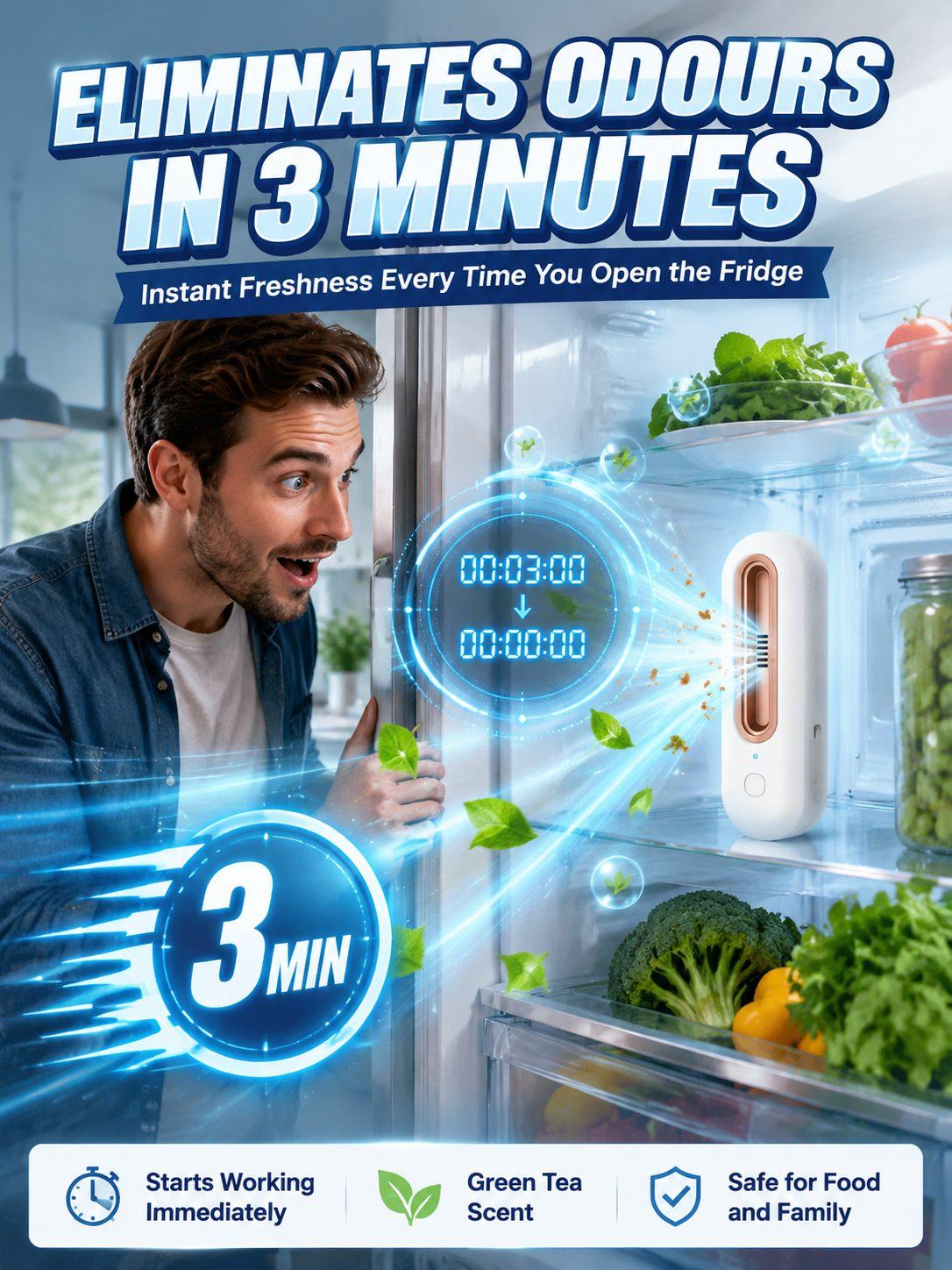 Portable Refrigerator Deodorizer – Ozone + Negative Ion Purifier, Removes Odours in 3 Minutes, Keeps Food Fresh 3× Longer