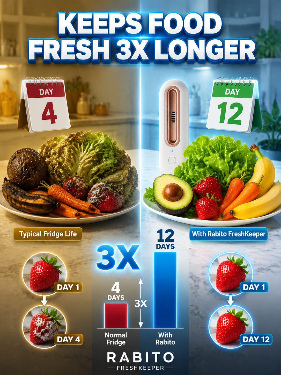 Portable Refrigerator Deodorizer – Ozone + Negative Ion Purifier, Removes Odours in 3 Minutes, Keeps Food Fresh 3× Longer