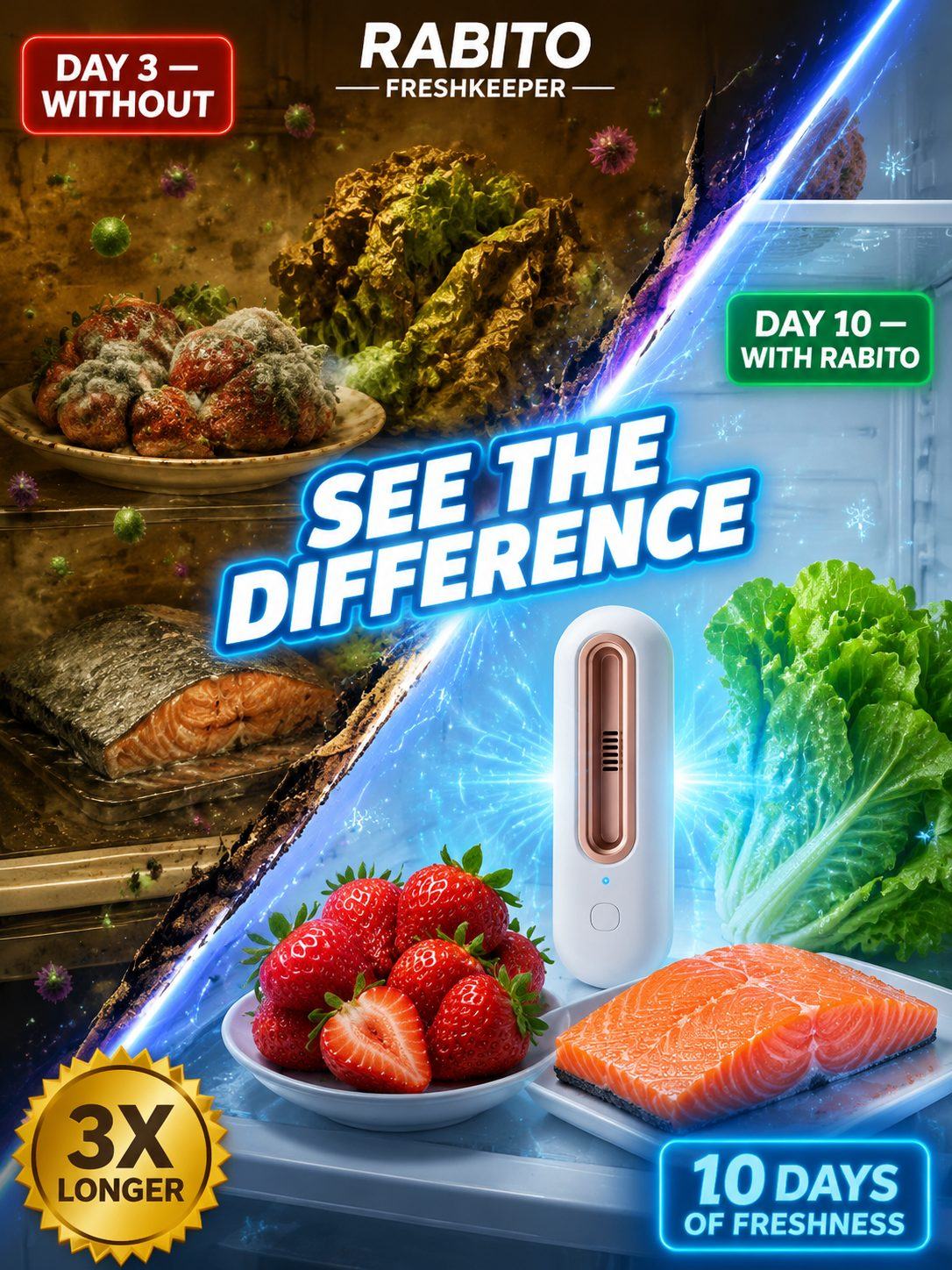 Portable Refrigerator Deodorizer – Ozone + Negative Ion Purifier, Removes Odours in 3 Minutes, Keeps Food Fresh 3× Longer