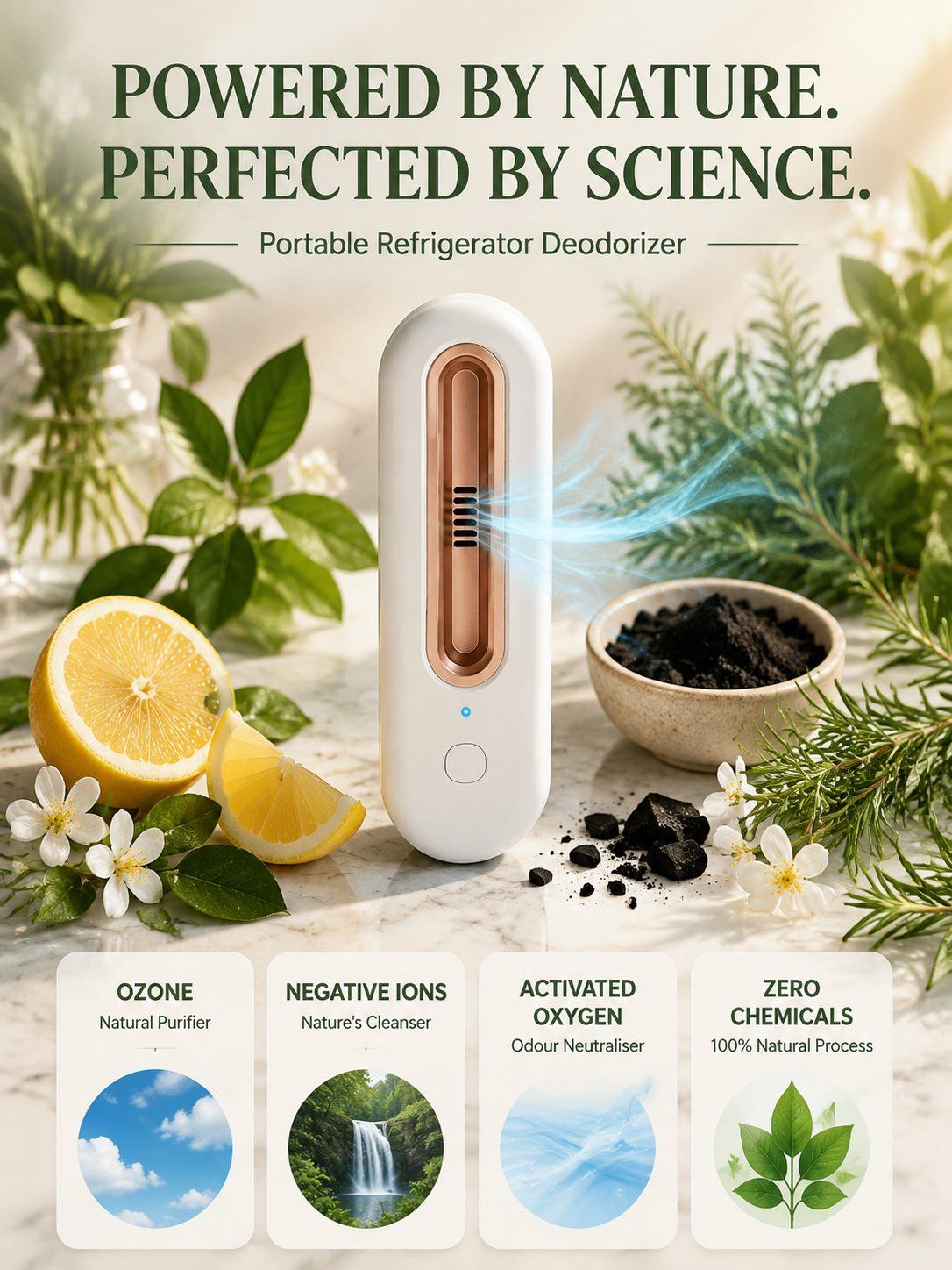 Portable Refrigerator Deodorizer – Ozone + Negative Ion Purifier, Removes Odours in 3 Minutes, Keeps Food Fresh 3× Longer