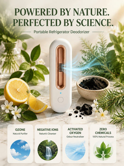 Portable Refrigerator Deodorizer – Ozone + Negative Ion Purifier, Removes Odours in 3 Minutes, Keeps Food Fresh 3× Longer
