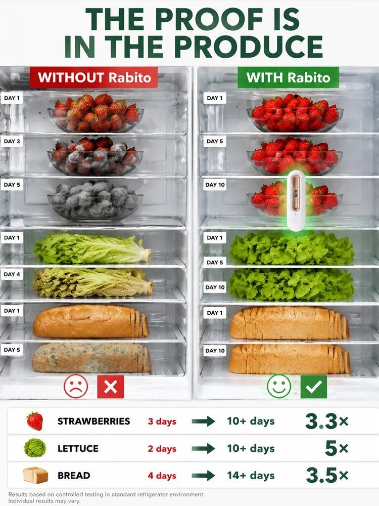 Portable Refrigerator Deodorizer – Ozone + Negative Ion Purifier, Removes Odours in 3 Minutes, Keeps Food Fresh 3× Longer