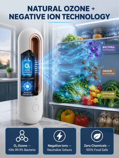 Portable Refrigerator Deodorizer – Ozone + Negative Ion Purifier, Removes Odours in 3 Minutes, Keeps Food Fresh 3× Longer