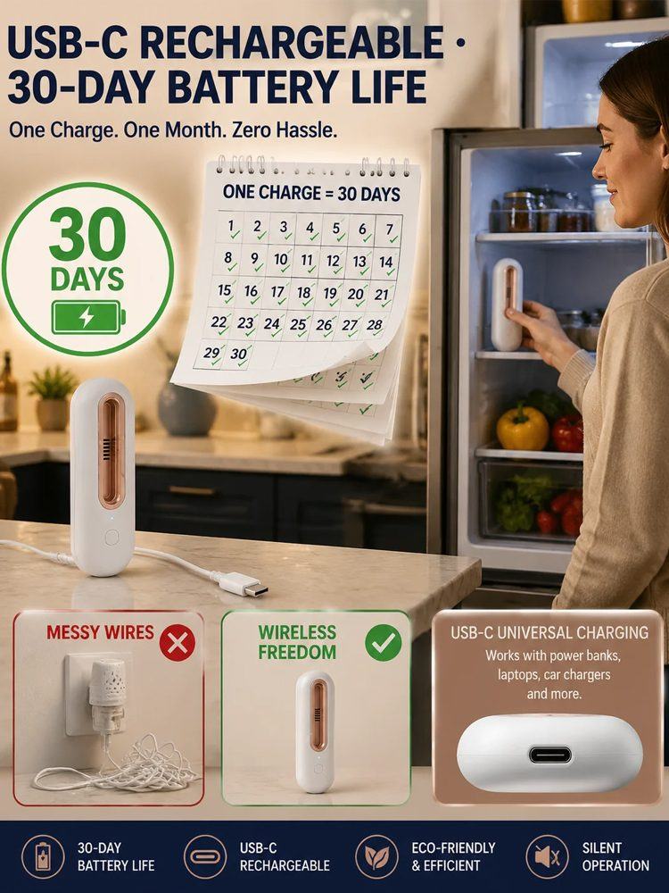 Portable Refrigerator Deodorizer – Ozone + Negative Ion Purifier, Removes Odours in 3 Minutes, Keeps Food Fresh 3× Longer