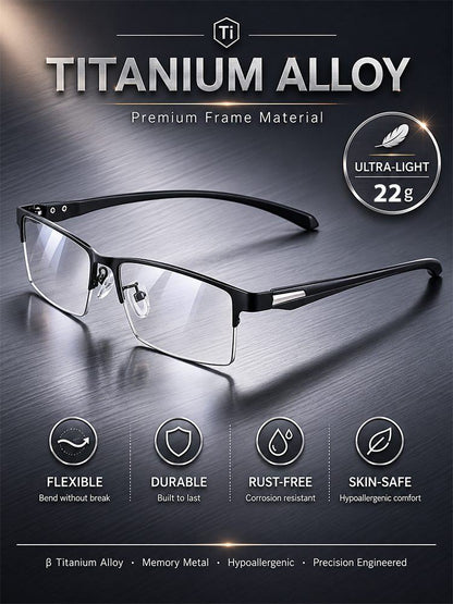 Ultra-Light Titanium Alloy Semi-Rimless Reading Glasses – Smart Photochromic Lenses, 22g, TÜV Rheinland Certified