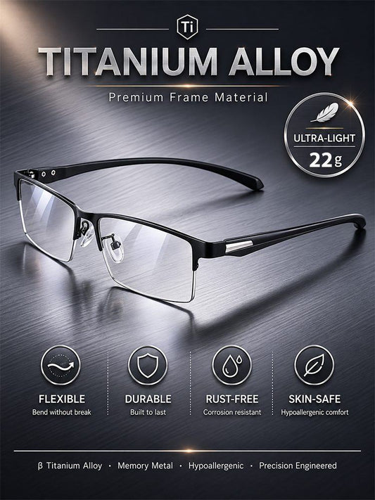 Ultra-Light Titanium Alloy Semi-Rimless Reading Glasses – Smart Photochromic Lenses, 22g, TÜV Rheinland Certified