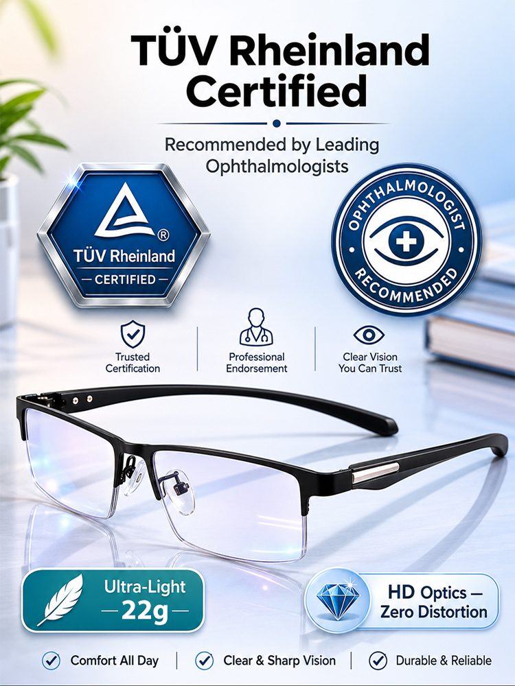 Ultra-Light Titanium Alloy Semi-Rimless Reading Glasses – Smart Photochromic Lenses, 22g, TÜV Rheinland Certified