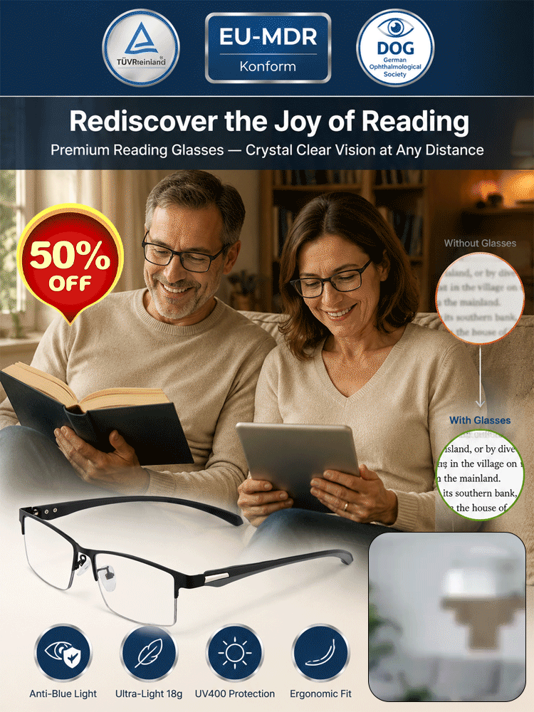 Ultra-Light Titanium Alloy Semi-Rimless Reading Glasses – Smart Photochromic Lenses, 22g, TÜV Rheinland Certified