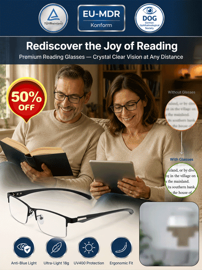 Ultra-Light Titanium Alloy Semi-Rimless Reading Glasses – Smart Photochromic Lenses, 22g, TÜV Rheinland Certified