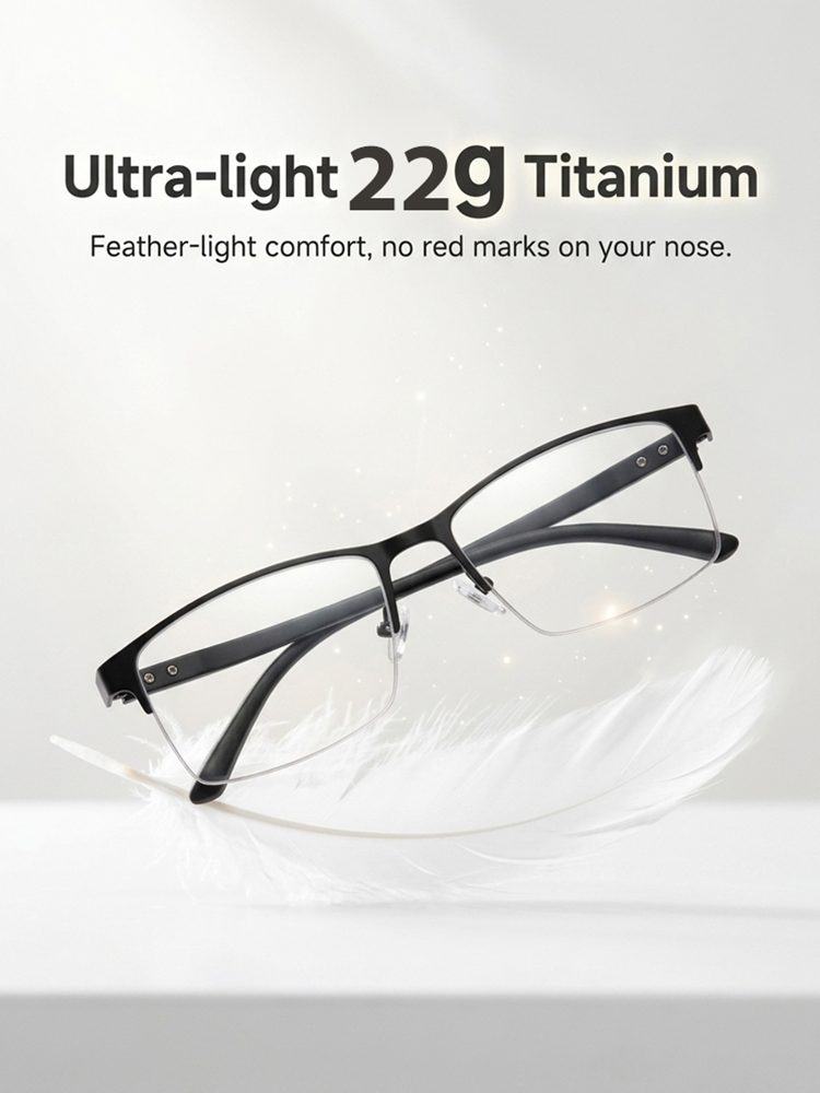 Ultra-Light Titanium Alloy Semi-Rimless Reading Glasses – Smart Photochromic Lenses, 22g, TÜV Rheinland Certified