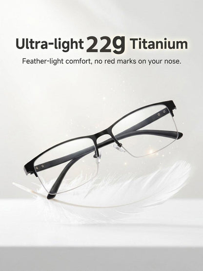 Ultra-Light Titanium Alloy Semi-Rimless Reading Glasses – Smart Photochromic Lenses, 22g, TÜV Rheinland Certified