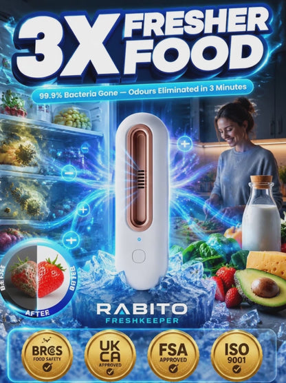 Portable Refrigerator Deodorizer – Ozone + Negative Ion Purifier, Removes Odours in 3 Minutes, Keeps Food Fresh 3× Longer